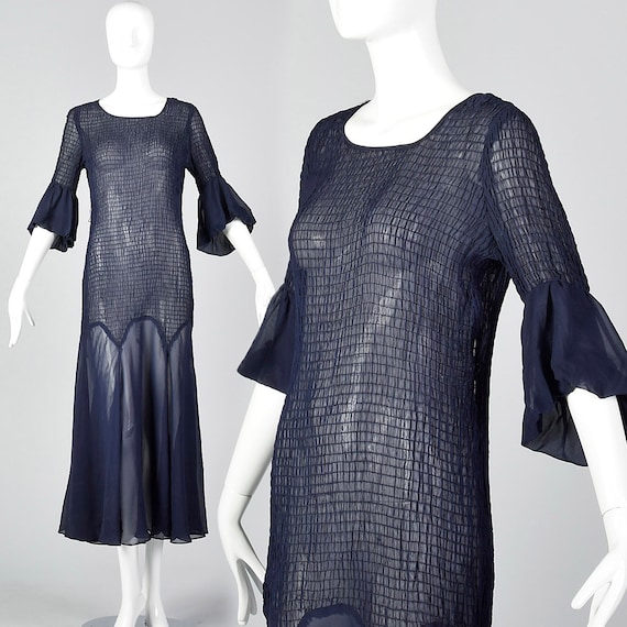 XS 1930s Sheer Navy Blue Dress Smocked Day Dress S