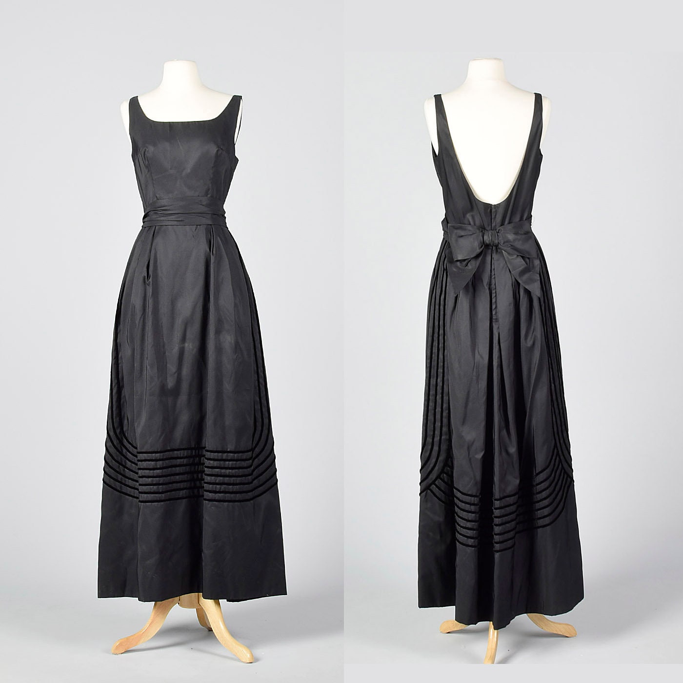 Small 1950s Dress Black Maxi Dress Velvet Trim Formal Gown Black Tie Evening Gown Backless Sleeveless Maxi Length 50s Vintagethumbnail