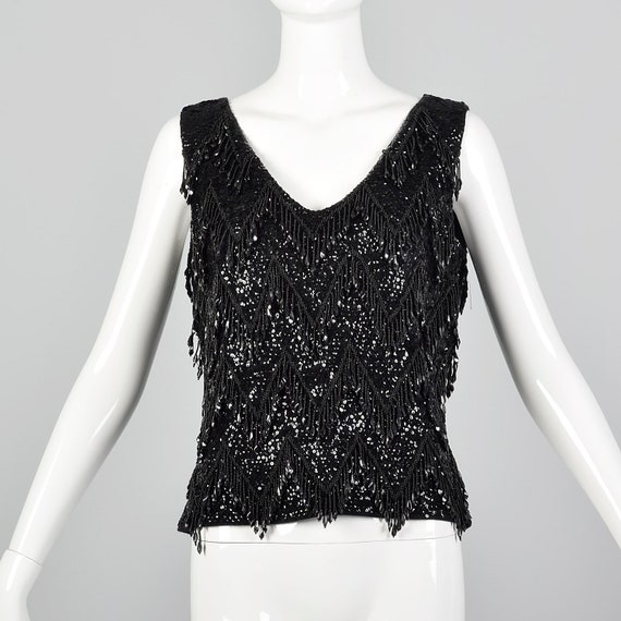 Medium 1960s Top Black Beaded Fringe Blouse Wool … - image 1