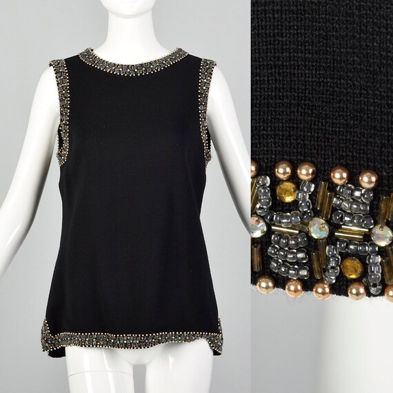 Medium 1960s Black Knit Tunic Top Sleeveless Blous