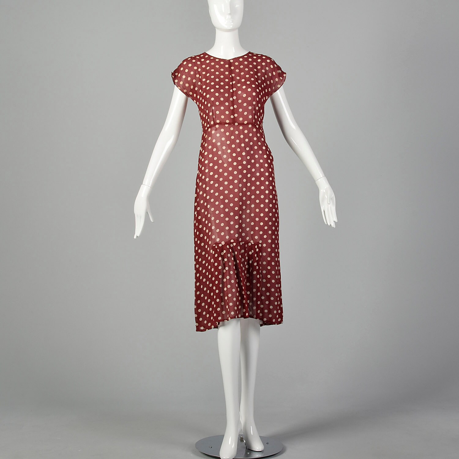 XXS 1930s Red Dress White Polka Dots Sheer Silk Chiffon Cranberry ...