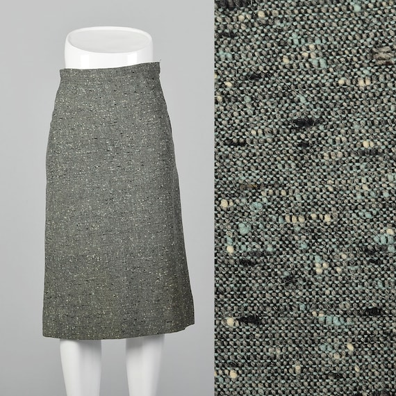 XXS Tweed Pencil Skirt Green Side Zip Slubbed Fab… - image 1