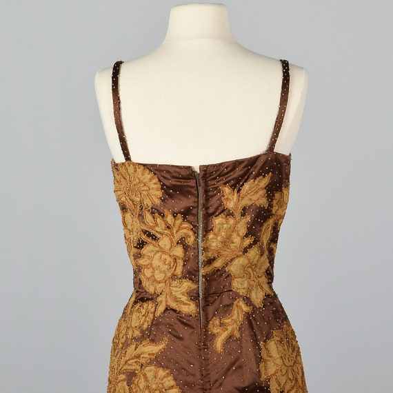 XS 1950s Dress Brown Satin Dress Lace Applique Sl… - image 5