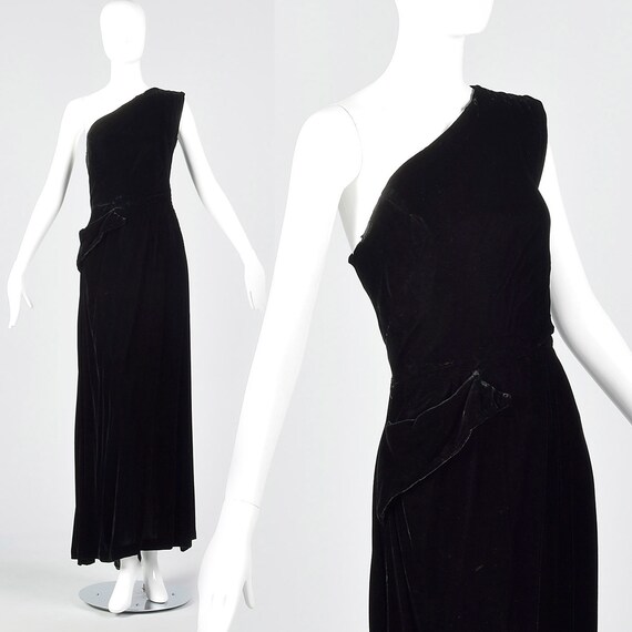 Small 1940s Asymmetric Black Dress Silk Velvet Ev… - image 1