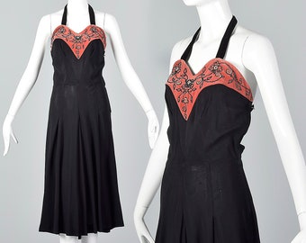 X-Small 1930s Dress Black Halter Dress Pink Velvet Neckline Beading Detail 1930s Vintage LBD Cocktail Party Outfit Evening Wear