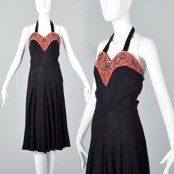 X-Small 1930s Dress Black Halter Dress Pink Velve… - image 1