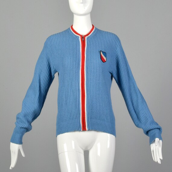 Medium 1960s Blue Sweater Zipper Cardigan Ribbed … - image 1