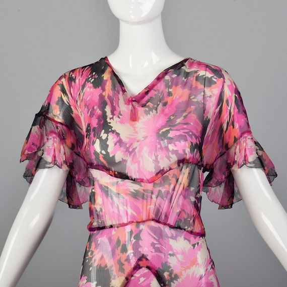 XXS 1930s Dress Pink Floral Silk Dress Short Flut… - image 5