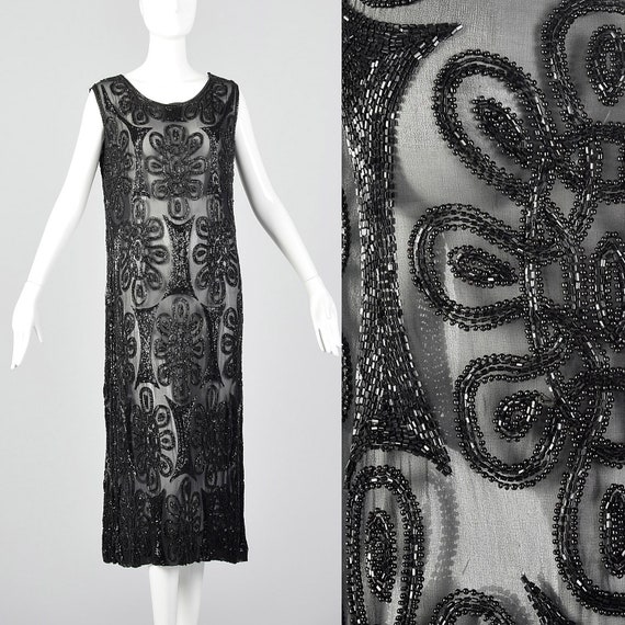1920s Dress Black Silk Beaded Evening Dress Sheer