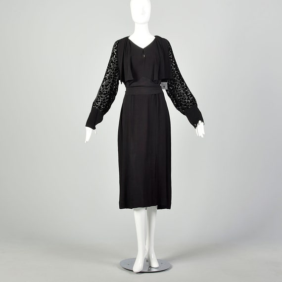 XL 1930s Dress Black Devore Velvet Sleeves Art De… - image 1