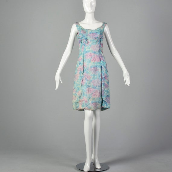 XS 1960s Sleeveless Floral Dress Vintage Pastel D… - image 3