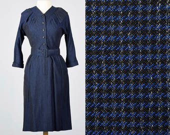 Small 1950s Blue Wool Pencil Dress Long Sleeve Winter Dress Casual Day Wear Button Front Belted Waist Pencil Skirt 50s Vintage