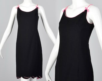 Medium 1960s Black Dress Cocktail Party Pink Trim Scallop Hem Sleeveless Shift Dress 60s Vintage