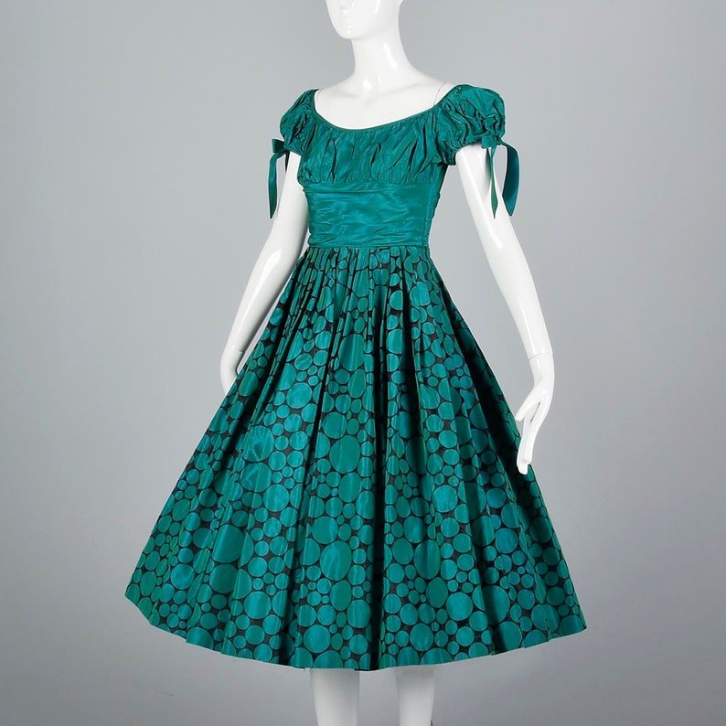 Small 1950s Flocked Dress Navy Blue Short Sleeve