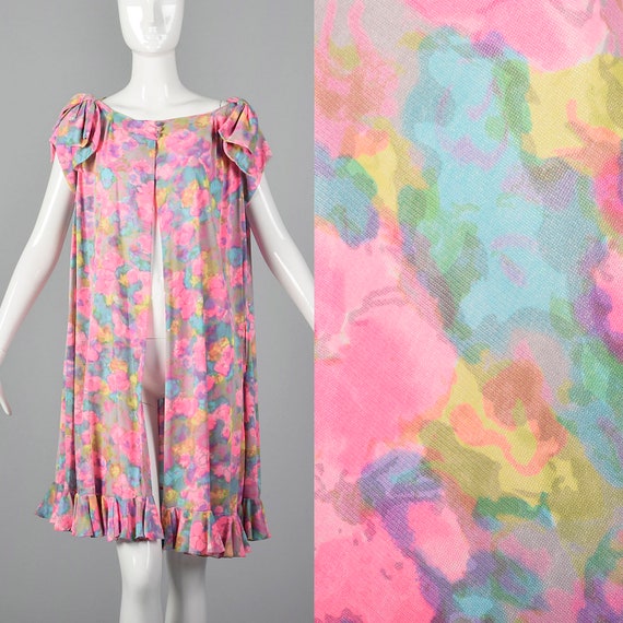 Large 1960s Robe Wrap Robe Pink Floral Print Ruffl
