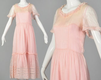XS 1930s Sheer Pink Cotton Dress 30s Sheer Dress Vintage Tea Dress 1930s Maxi Dress 30s Pink Dress Lawn Dress