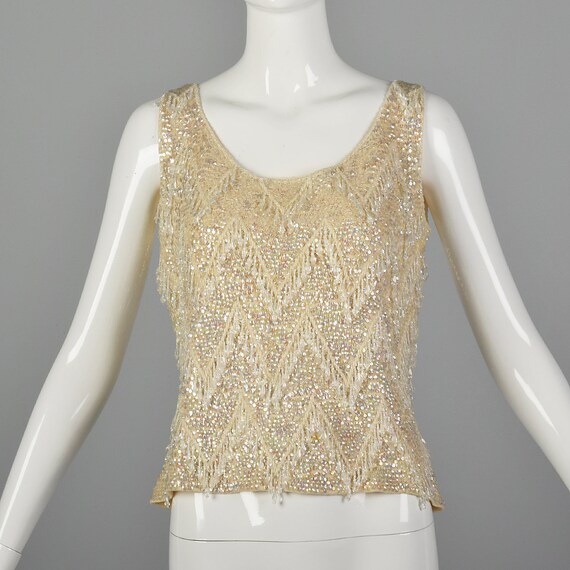 Large 1960s Sleeveless Beaded Sweater Blouse Ivor… - image 4