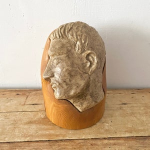 Unique vintage pottery face head sculpture on wood statue image 1