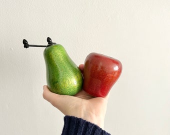 Vintage fruit shaped  wooden salt and pepper mill apple and pear shaker set