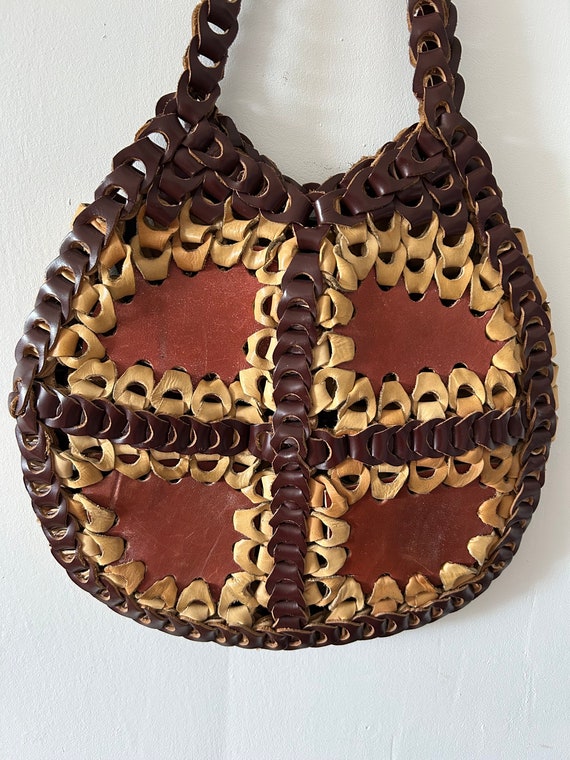 Vintage leather loop woven purse 1970s Boho Hippie - image 9