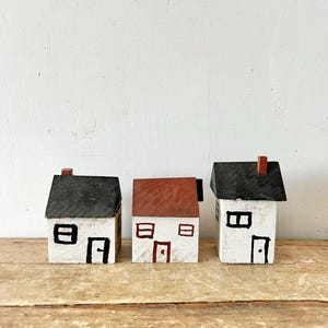 Charming Vintage Trio of Hand Painted Wooden Folk Art Houses