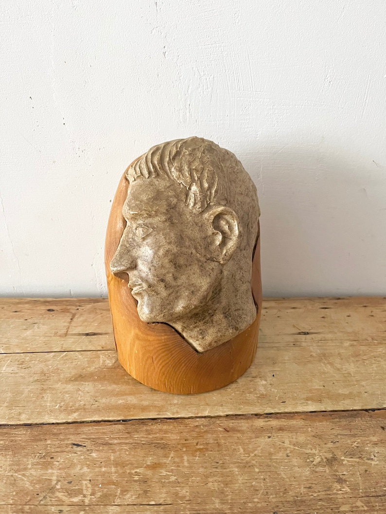 Unique vintage pottery face head sculpture on wood statue image 1