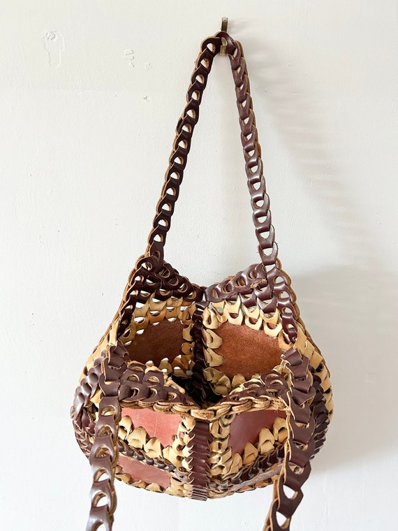 Vintage leather loop woven purse 1970s Boho Hippie - image 10