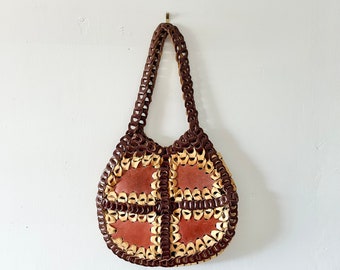 Vintage leather loop woven purse 1970s Boho Hippie