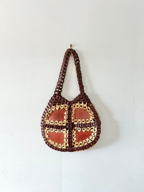 Vintage leather loop woven purse 1970s Boho Hippie - image 1