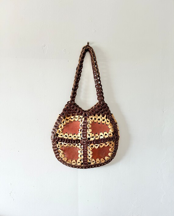 Vintage leather loop woven purse 1970s Boho Hippie - image 8