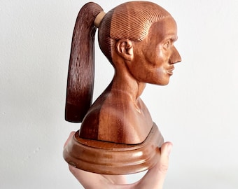 50s ビンテージ 木彫り 彫刻 女性像 胸像 バスト ハンドメイド 当時物 ヴィンテージ 木製女性 手彫り 10 インチ 胸像 ボブ モーラー サイン