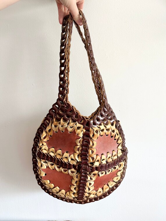 Vintage leather loop woven purse 1970s Boho Hippie - image 2