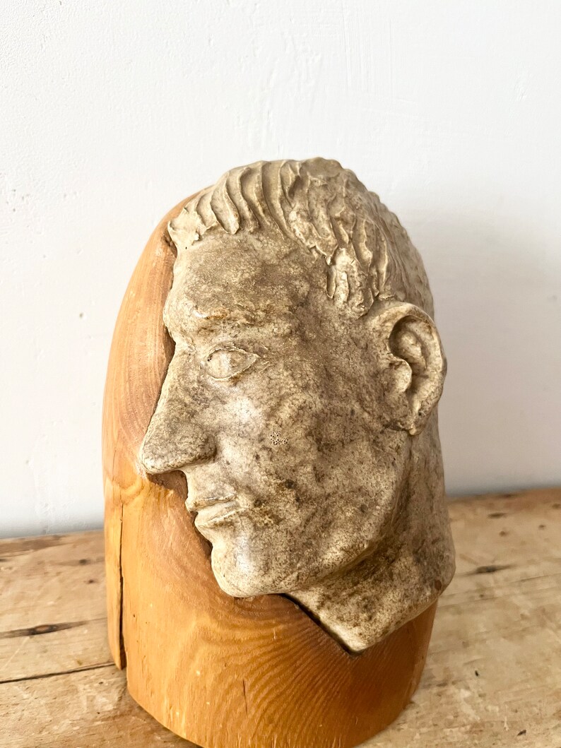 Unique vintage pottery face head sculpture on wood statue image 9