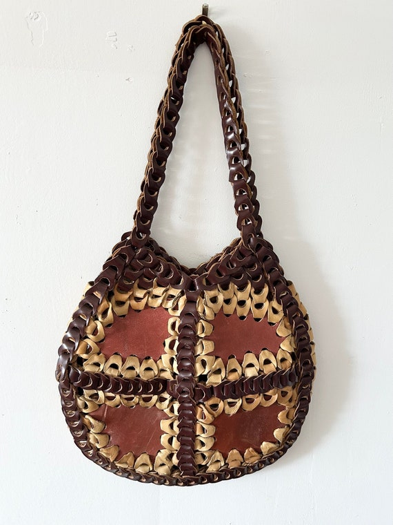 Vintage leather loop woven purse 1970s Boho Hippie - image 3