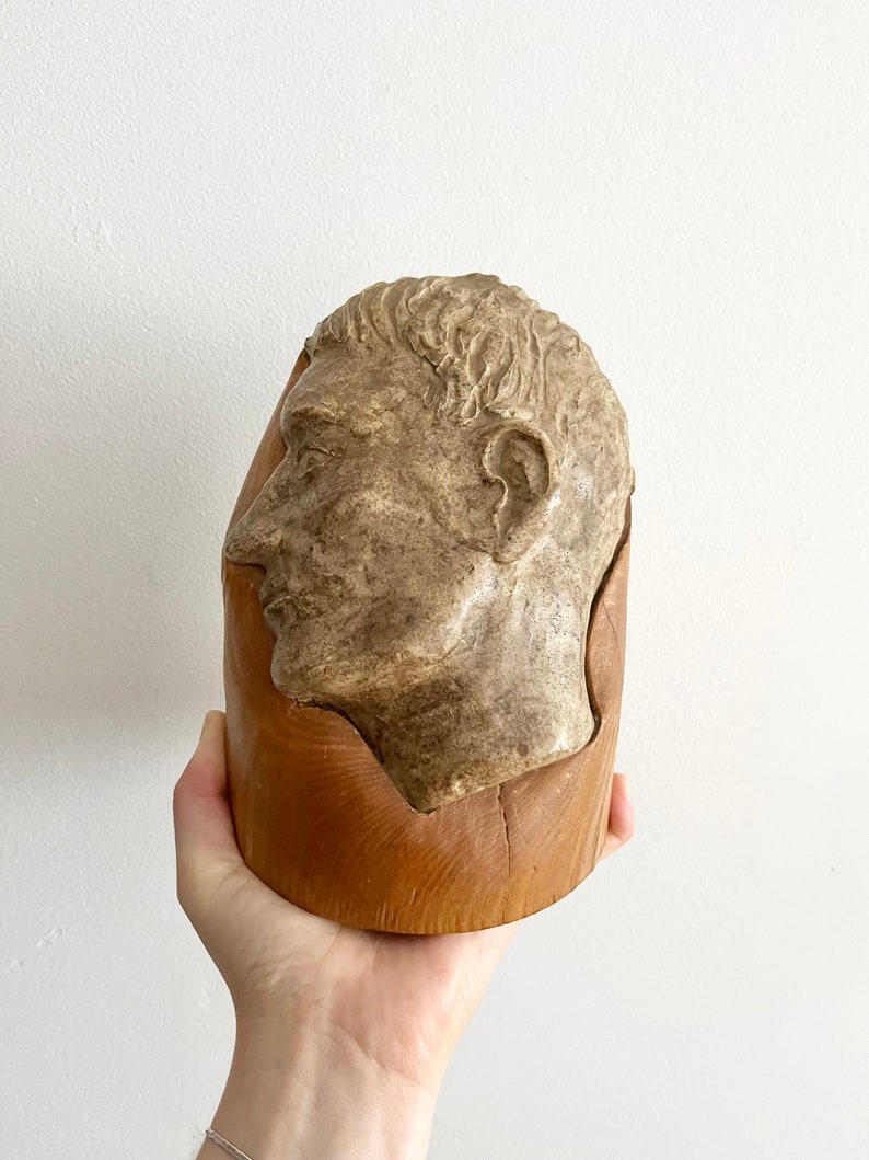 Unique vintage pottery face head sculpture on wood statue image 2