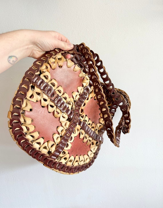 Vintage leather loop woven purse 1970s Boho Hippie - image 4