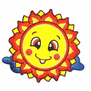 May include: Embroidered patch featuring a smiling sun with a yellow face, red and orange rays, and blue clouds. The sun has rosy cheeks and a cheerful expression. This patch is suitable for decorating clothing or accessories.