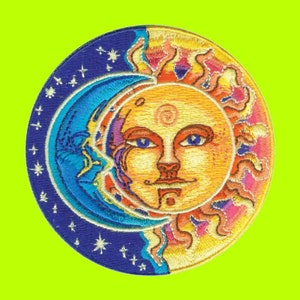 May include: Embroidered patch featuring a celestial design. The patch is round, with a sun and moon split design. The sun is yellow and orange with a face, and the moon is blue with stars. The patch has a yellow border.