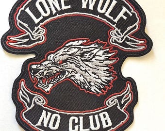 Lone Wolf No Club Logo Embroidered Iron On Patch, Biker patch, vest patch, Jacket patch, motorcycle patch