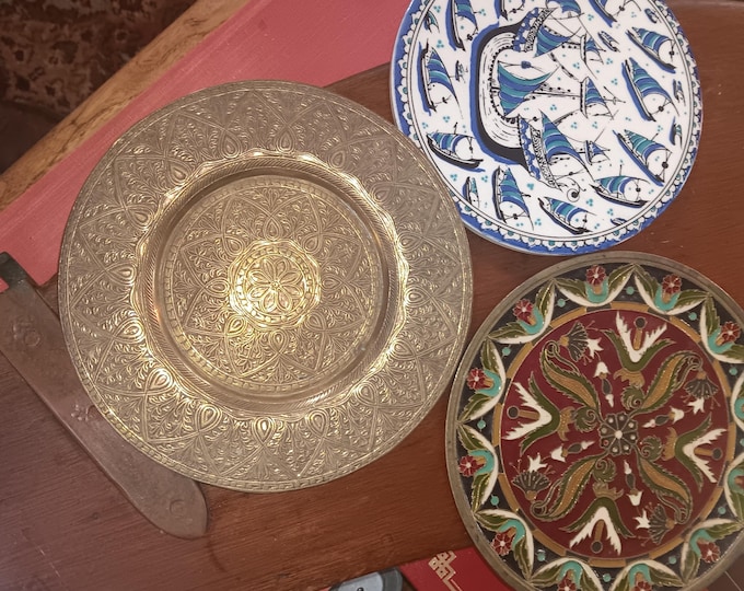 Three Decorative Wall Plates Iznick Pottery Moroccan Enamel Brass and Copper Inlay