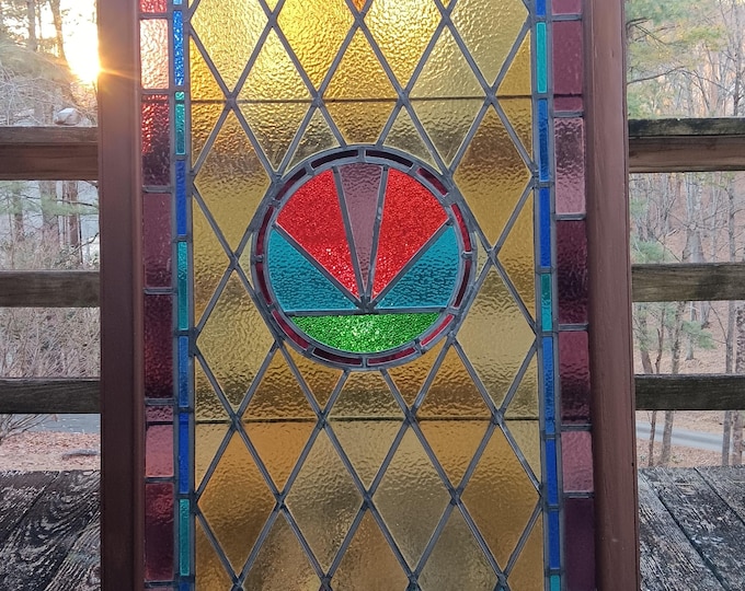 Antique Mission Stained Glass Window 52 inches by 32 by 2 Huge and Glowing
