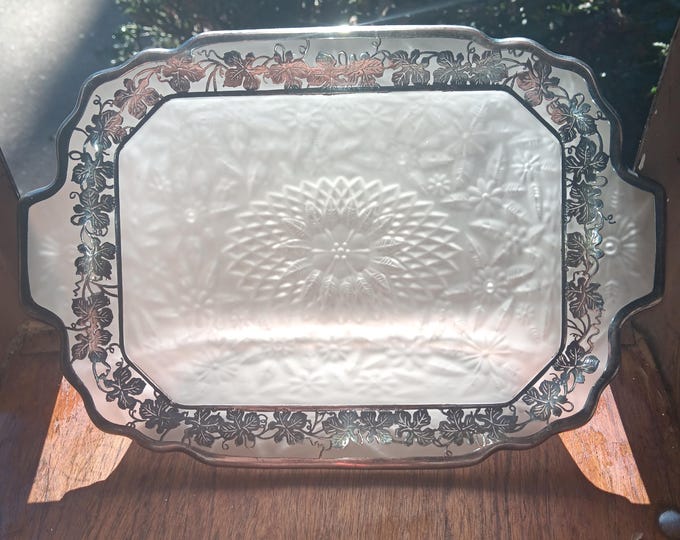 Frosted Glass Dish with Silver Overlay Border Marked Sterling