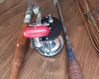 Vintage Penn Long Beach Fishing Reel with Wood and Steel Rod Early Deep Sea Rig
