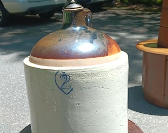 Whiskey Jug Table Lamp Two Gallon Brown and White Tall Mint Professionally Converted 18x12 Early 20th Century Crock