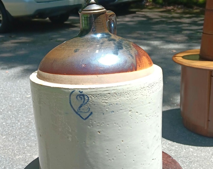 Whiskey Jug Table Lamp Two Gallon Brown and White Tall Mint Professionally Converted 18x12 Early 20th Century Crock