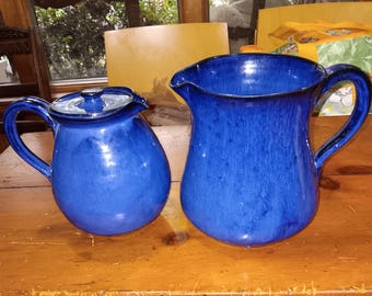 Vintage C.C. Cole North Carolina cobalt blue lidded coffee pot and large pitcher classic southern pottery