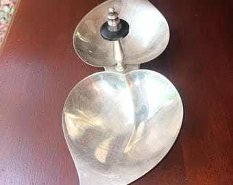 Silver-plated Serving Dish Dual Leaves or Hearts Bun Feet Ebonized Finial F.B. Rogers 1950s