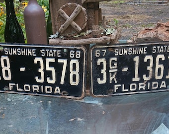 Two 1967 '68 Florida License Plates Tampa Area Black Enamel Vintage Clear to Register