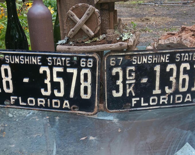Two 1967 '68 Florida License Plates Tampa Area Black Enamel Vintage Clear to Register