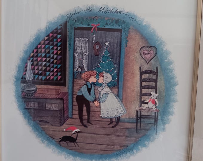 Pat Buckley Moss signed 1994 Christmas print "Under the Mistletoe," limited edition professionally framed 17x17